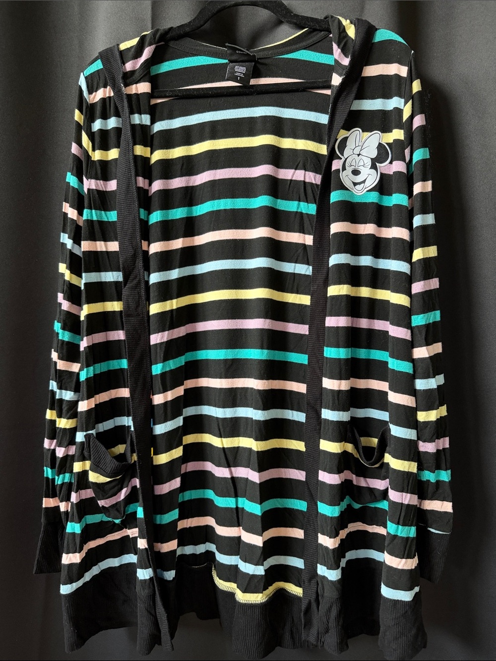 Girls' Black Hooded Striped Cardigan with Pastel Multicolor Stripes